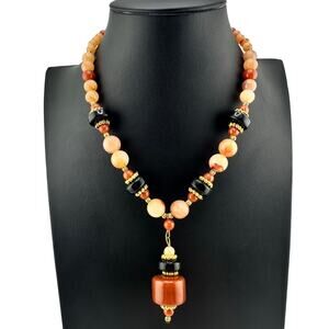 Vintage Amber Lucite Faux Stone Gold Tone Beaded Retro Choker 15" Necklace